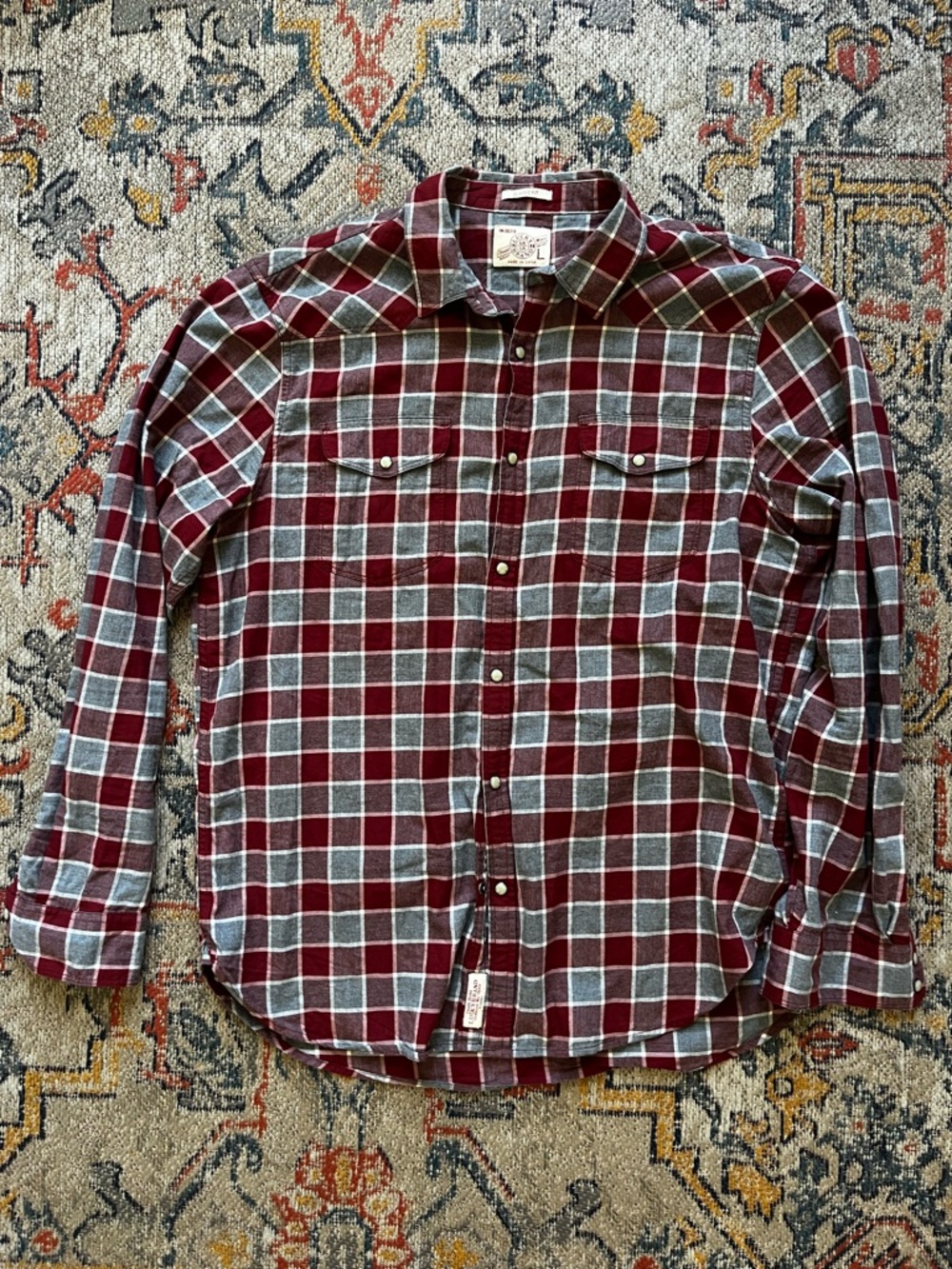 Lucky Brand Men's Burgundy and Gray Plaid Button-Down Shirt L